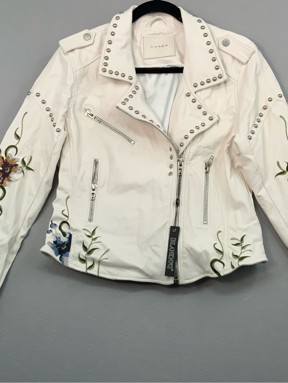 Blank NYC White Embroidered Studded Leather Moto Jacket NWT M